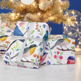 水カラフル彩鳥花文様 ラッピングペーパー