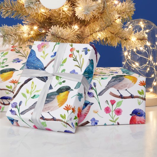 水カラフル彩鳥花文様 ラッピングペーパー (クリスマス)