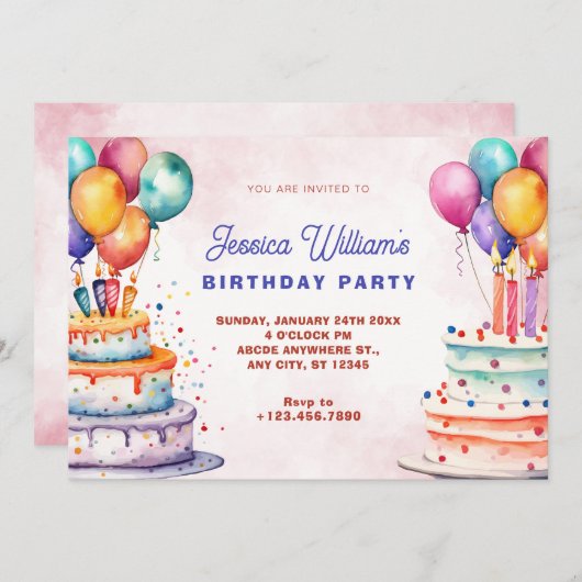 水カラフル色お誕生日ケーキ及び風船 招待状 (正面/裏面)