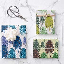 水カラフル色のクリスマスツリーのセット ラッピングペーパーシート
