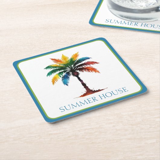 水カラフル色のヤシパーソナライズされたの木 スクエアペーパーコースター (アングル)