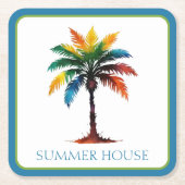 水カラフル色のヤシパーソナライズされたの木 スクエアペーパーコースター (正面)