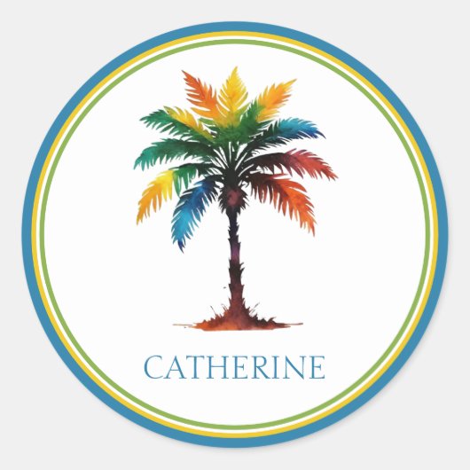 水カラフル色のヤシパーソナライズされたの木 ラウンドシール (正面)