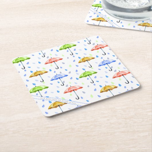 水カラフル色の傘と雨滴秋 スクエアペーパーコースター (アングル)