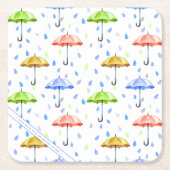 水カラフル色の傘と雨滴秋 スクエアペーパーコースター (正面)