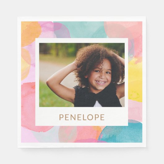 水カラフル色の円とドット名写真 スタンダードランチョンナプキン (正面)