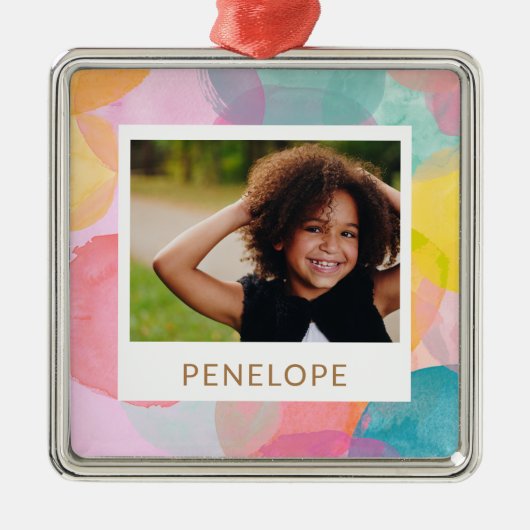 水カラフル色の円とドット名写真 メタルオーナメント (正面)