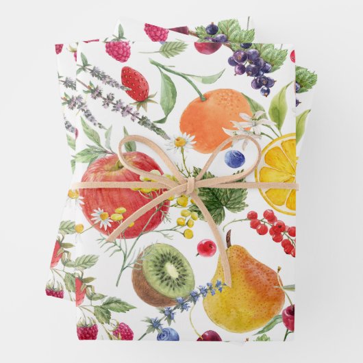 水カラフル色の果物とハーブ柄 ラッピングペーパーシート (インサイチュ)