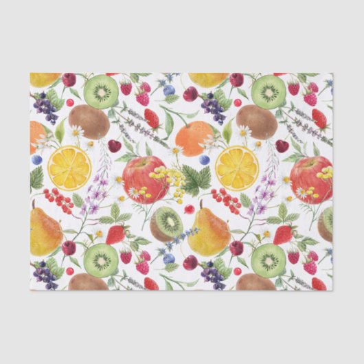 水カラフル色の果物とハーブ柄 薄葉紙 (正面)