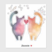 水カラフル色の猫のシルエットとハート シール (シート)
