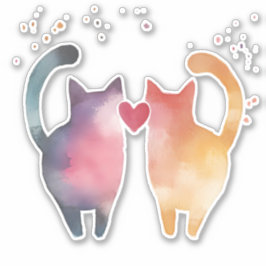 水カラフル色の猫のシルエットとハート シール