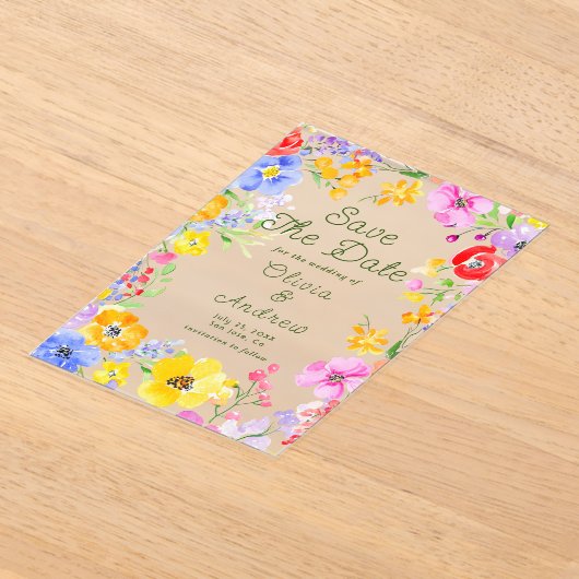 水カラフル色の花の結婚式の日付を保存 アクリル招待状 (レイダウン)