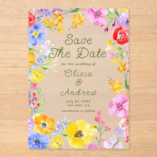 水カラフル色の花の結婚式の日付を保存 アクリル招待状 (正面)