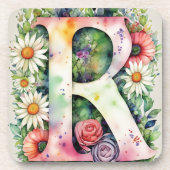 水カラフル色の花モノグラパーソナライズされたム コースター (正面)