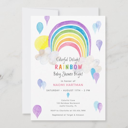 水カラフル色の虹のおもしろい赤ちゃんシャワー 招待状 (正面)