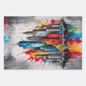 水カラフル色の飛び散る街のスカイライン ラッピングペーパーシート (正面3)