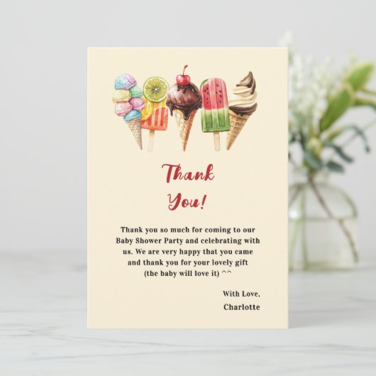 水カラフル色アイスクリーム甘い赤ちゃんシャワー サンキューカード (スタンド正面)