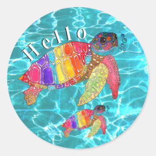 水カラフル色ウミガメ ラウンドシール