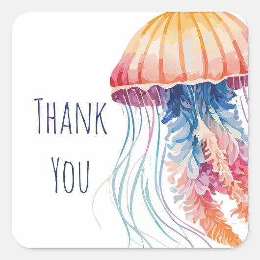 水カラフル色クラゲありがとう スクエアシール (正面)