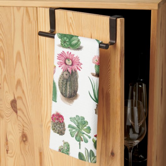 水カラフル色サボテンと多肉花 キッチンタオル (三つ折り)