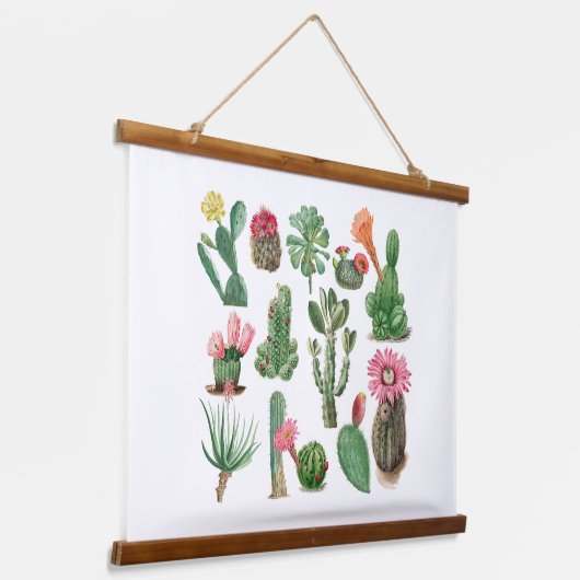水カラフル色サボテンと多肉花 吊り下げ型タペストリー (傾斜あり)