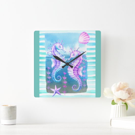 水カラフル色シーホースとシェルの壁時計 スクエア壁時計 (ホーム)