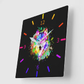 水カラフル色スプラッシュウルフ スクエア壁時計 (傾斜)