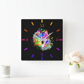 水カラフル色スプラッシュウルフ スクエア壁時計 (ホーム)