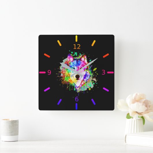 水カラフル色スプラッシュウルフ スクエア壁時計 (ホーム)
