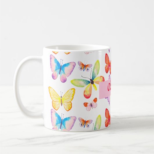 水カラフル色バタフライパーソナライズされた コーヒーマグカップ (左)