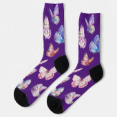 水カラフル色バタフライ模様（紫） ソックス (左)