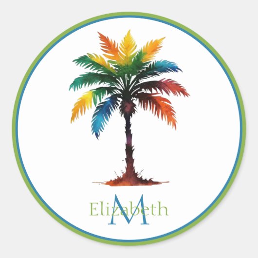 水カラフル色パームツリーモノグラム ラウンドシール (正面)