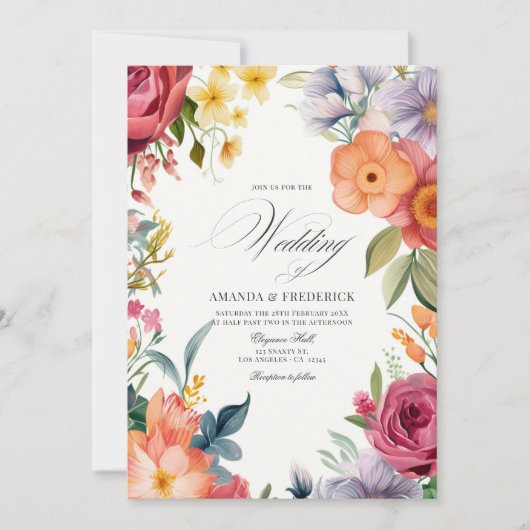 水カラフル色フィエス結婚タとQRコード 招待状 (正面)