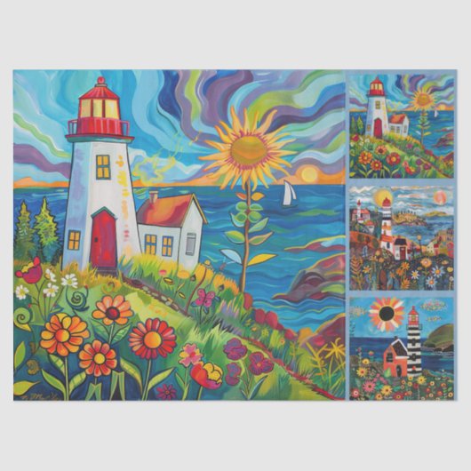 水カラフル色フォークアートライトハウス 薄葉紙 (正面)