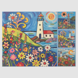 水カラフル色フォークアートライトハウス 薄葉紙