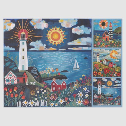 水カラフル色フォークアートライトハウス 薄葉紙 (正面)