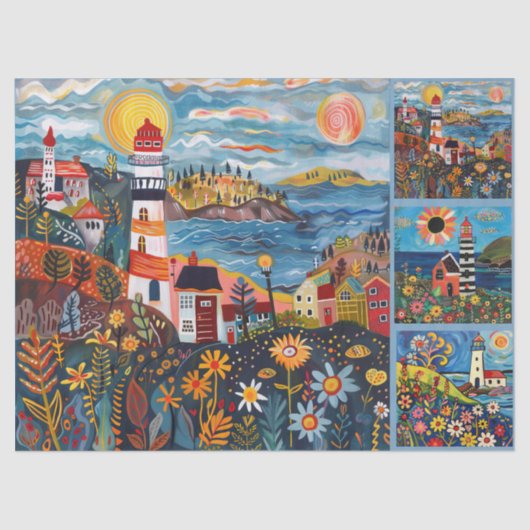 水カラフル色フォークアートライトハウス 薄葉紙 (正面)