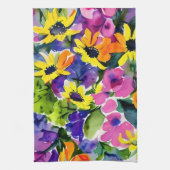 水カラフル色フローラアート キッチンタオル (縦)