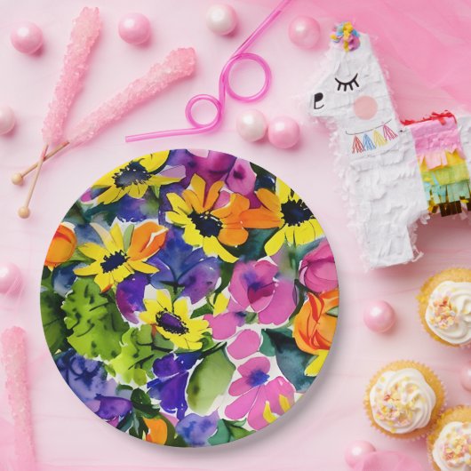 水カラフル色フローラアート ペーパープレート (パーティー)