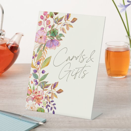 水カラフル色フローラウェディングカードとギフト 台座サイン (インサイチュ)