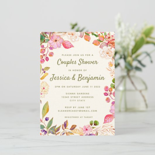 水カラフル色フローラカスタムカップルのシャワー 招待状 (スタンド正面)