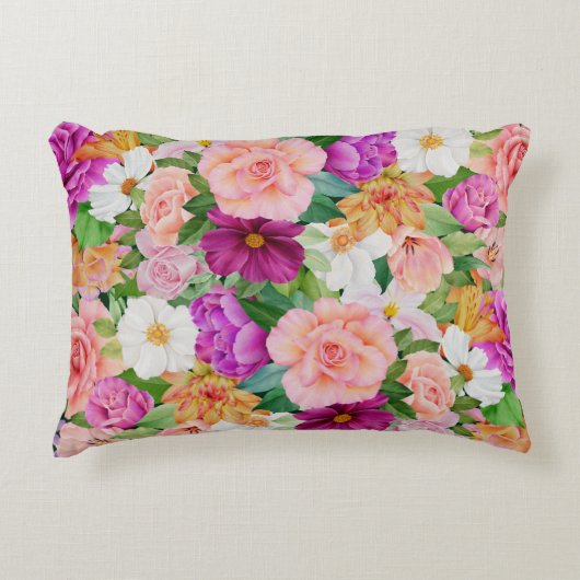 水カラフル色フローラガーデンパープルピンク アクセントクッション (正面)