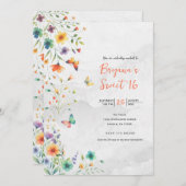 水カラフル色フローラバタフライスウィート16 招待状 (正面/裏面)