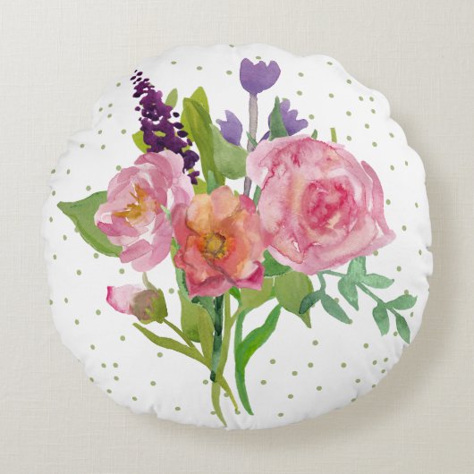 水カラフル色フローラブーケアクセント枕 ラウンドクッション (正面)