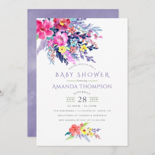 水カラフル色フローラベビーシャワー招待状 招待状 (正面/裏面)