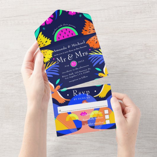 水カラフル色フローラメキシカン結婚フィエスタ オールインワン招待状 (貼ってはがせる)