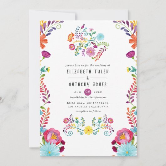 水カラフル色フローラメキシカン結婚フィエスタ 招待状 (正面)