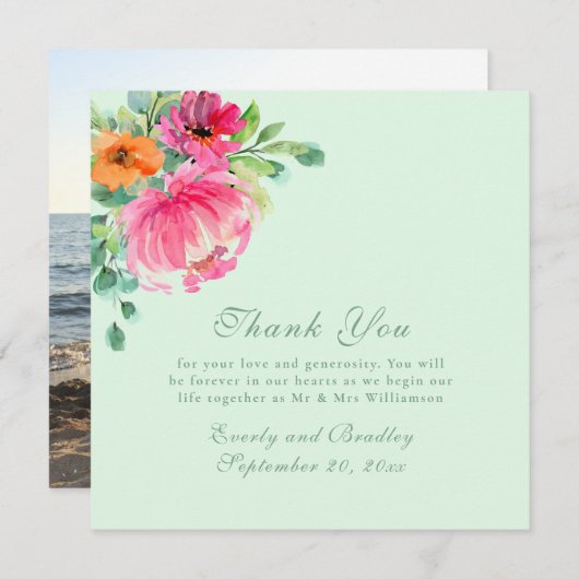 水カラフル色フローラ写真サンキューカード 招待状 (正面/裏面)