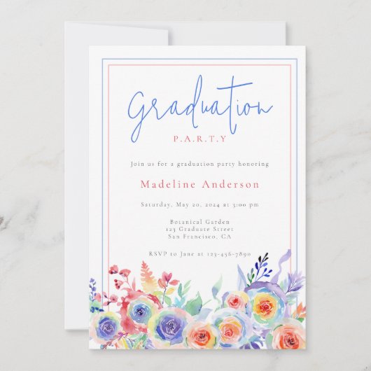 水カラフル色フローラ写真卒業パーティー 招待状 (正面)