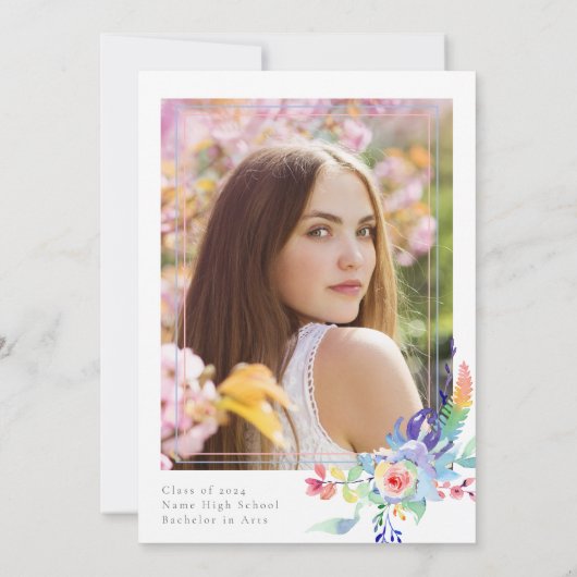 水カラフル色フローラ写真卒業パーティー 招待状 (裏面)